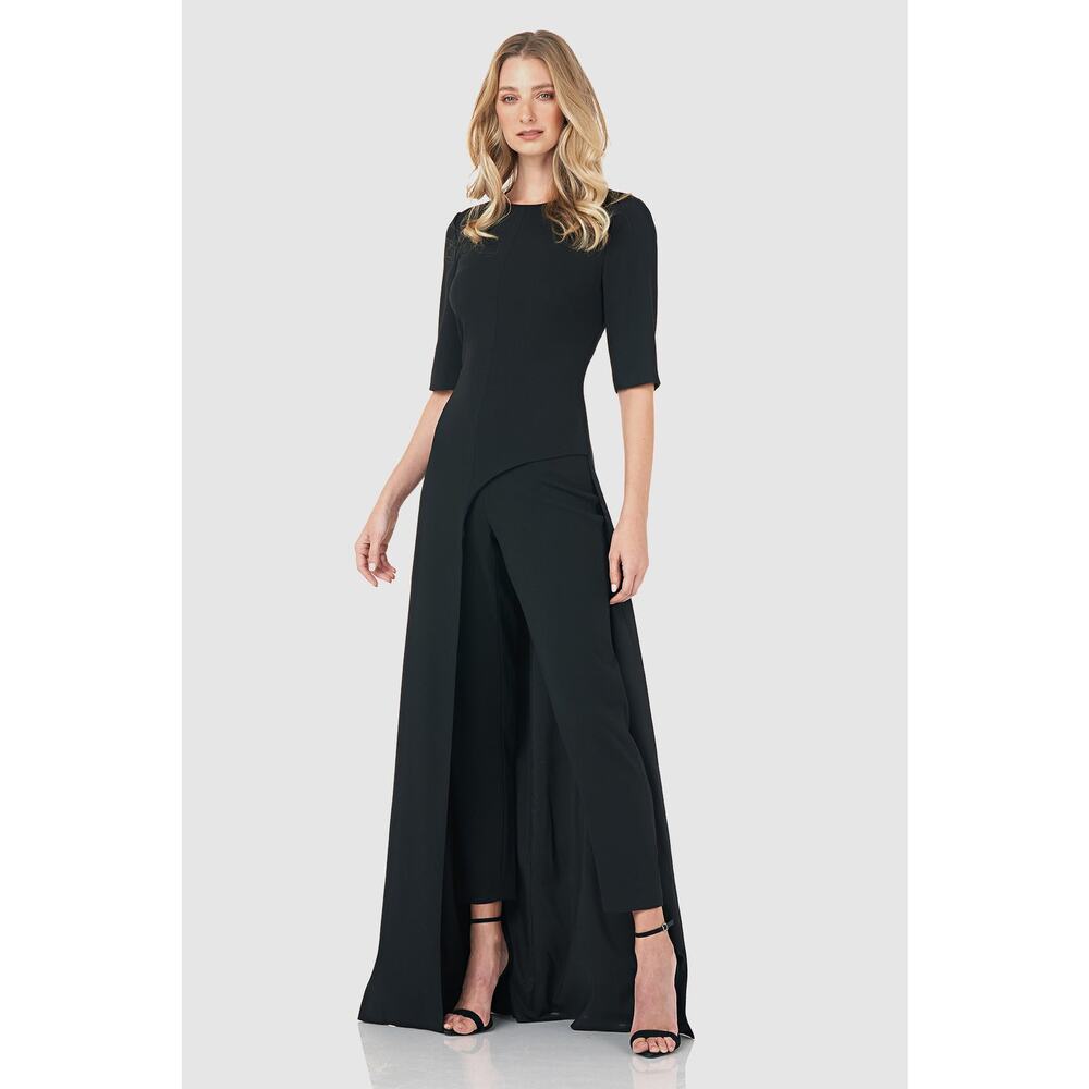 Kay Unger Davina Black Walk Thru Crepe Maxi Jumpsuit Size 12 NWT‎